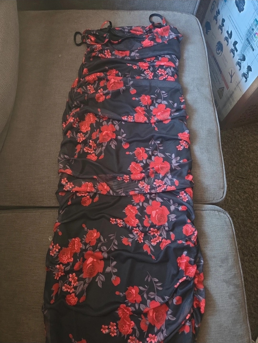 SHEIN Black Midi Dress with Red Floral Print and Side Ruching
